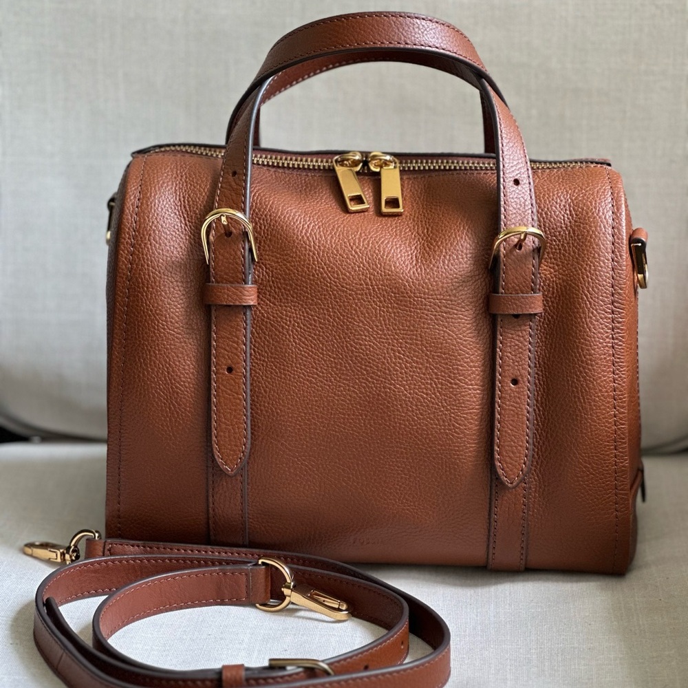 Fossil Carlie Satchel Brown Leather Handbag with Gold Accents